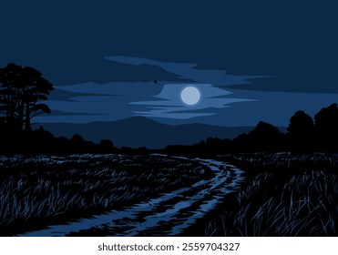 Rural night scenery with full moon