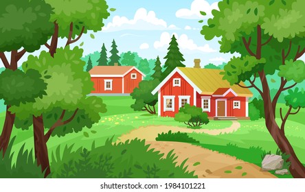 Rural northern summer landscape. Red Scandinavian houses. Flat vector illustration