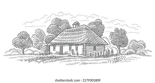 Rural old retro village house engraving line monochromatic illustration. Vector. 