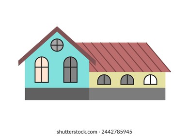 Rural one-story house with an extension with a gable roof and a window in the attic. Vector illustration
