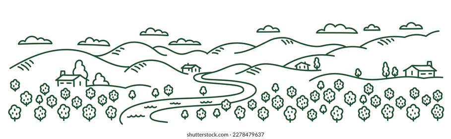 Rural orchard landscape. Countryside garden trees. Editable outline stroke. Vector contour line Illustration. 3D Illustration