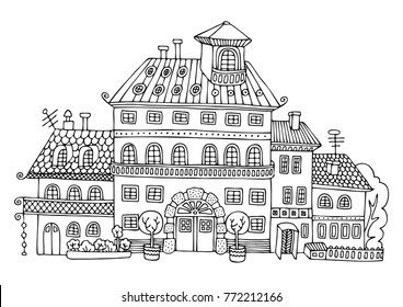 Rural palace in cartoon style. Hand drawn picture. Sketch for anti-stress adult coloring book in zen-tangle style. Vector illustration  for coloring page