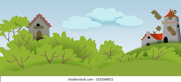 Rural panorama with a mill and an old house. EPS10 vector illustration.