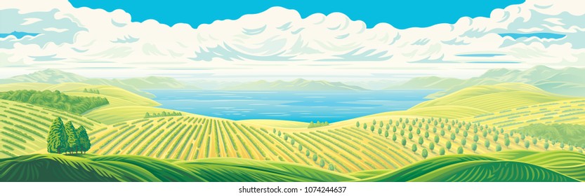 Rural panoramic landscape with a beautiful view of distant fields, gardens and plantations with a large water lake or sea. Vector illustration.