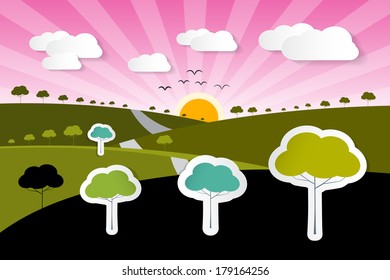 Rural Paper Vector Nature Background with Trees, Clouds