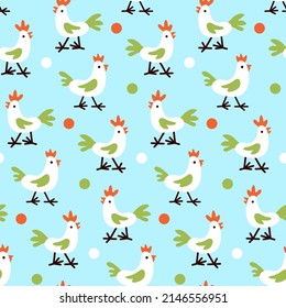 Rural pattern with cartoon farm birds - roosters for kids. Seamless print with cute chicken in flat baby style. Funny animal for textile design. White domestic fowl. Nice light blue country background