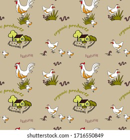 Rural pattern with the image of hens, chickens, roosters and on a beige background. Organic products