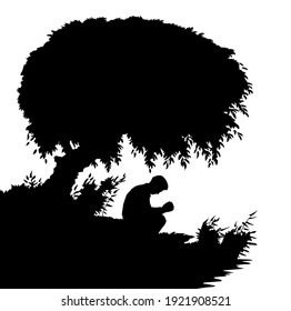 Rural peace calm scene lone adult christian young human guy boy rest dream belief dark blue dusk night. Quit wild hill forest country stream pond scenic view white sky text space ink draw art style