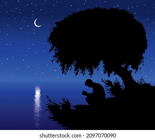 Rural peace calm scene. Lone christian young human male guy boy relax dream belief graphic draw art style scenery. Wild hill forest country stream pond scenic view dark blue starry heaven text space