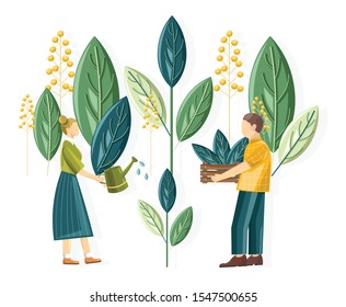 Rural people planting gigantic flower leaves. Woman watering the plants. Man carrying wooden box. Ecology idea
