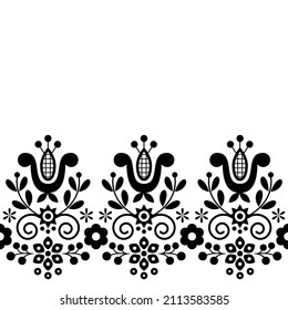 Patrón de tarjeta de saludo vectorial tradicional polaco rural, bordado de arte folclórico decorativo floral Lachy Sadeckie en blanco y negro. Ornamento monocromático retro eslavo con flores y hojas de Polonia