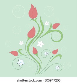 Rural red and white flowers. Abstract floral elements for design on the green background