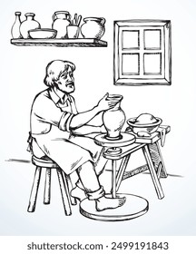 Rural retro biblic guy brazo dedo sostener húmedo círculo hacer taza forma barro producto de arte girar mesa. Histórico masculino humano sit tela sucia trabajo bíblico aprender trabajo hobby símbolo concepto historia gráfico sketch