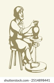 Rural retro biblic guy brazo dedo sostener húmedo círculo hacer taza forma barro producto de arte girar mesa. Histórico masculino humano sit tela sucia trabajo bíblico aprender trabajo hobby símbolo concepto historia gráfico sketch