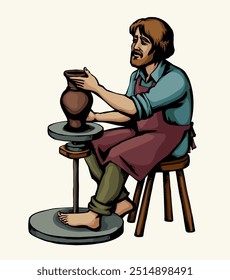 Rural retro biblic guy brazo dedo sostener húmedo círculo hacer taza forma barro producto de arte girar mesa. Histórico masculino humano sit tela sucia trabajo bíblico aprender trabajo hobby símbolo concepto historia gráfico sketch