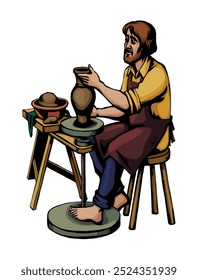 Rural retro biblic guy brazo dedo sostener húmedo círculo hacer taza forma barro producto de arte girar mesa. Histórico masculino humano sit tela sucia trabajo bíblico aprender trabajo hobby símbolo concepto historia gráfico sketch