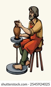 Rural retro biblic guy brazo dedo sostener húmedo círculo hacer taza forma barro producto de arte girar mesa. Histórico masculino humano sit tela sucia trabajo bíblico aprender trabajo hobby símbolo concepto historia gráfico sketch