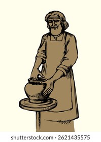 Rural retro biblic guy arm finger hold wet circle do cup form mud product artwork turn spin table. Historic male human stand dirty cloth bible labor learn job hobby symbol concept story graphic sketch