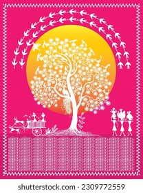 Ländliche Rhythmen: Indian Lady and Bullock Cart in einer Whimsical Warli Malerei. Heritage-Räder: Indian Lady and Bullock Cart in a Timeless Warli Painting. Tapete-Illustration, Kriegskunst.