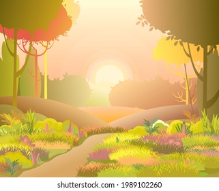 Rural road. Autumn beautiful landscape.Sunset. Cartoon style. Trail. Hills of grass and trees. Path to lush meadows. Romantic beauty. Flat design illustration. Vector art