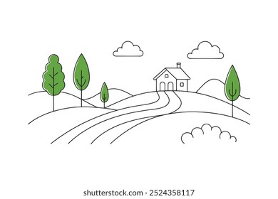 Ilustración vectorial plana del arte de la línea continua del camino rural sobre fondo blanco