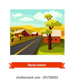 Rural road crossing the village countryside. Flat style vector illustration.