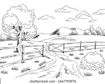 Rural road fence gate graphic black white landscape sketch illustration vector