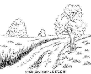 Rural road graphic black white landscape sketch illustration vector