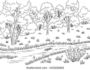 Rural road graphic black white landscape sketch illustration vector