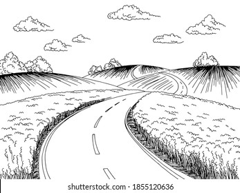 Rural road graphic black white landscape sketch illustration vector