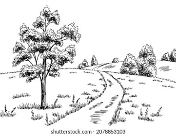 Rural road graphic black white landscape sketch illustration vector 