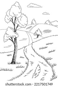 Rural road graphic black white landscape sketch vertical illustration vector 