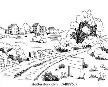Rural road graphic black white landscape sketch illustration vector