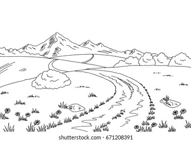 Rural road graphic black white landscape sketch illustration vector