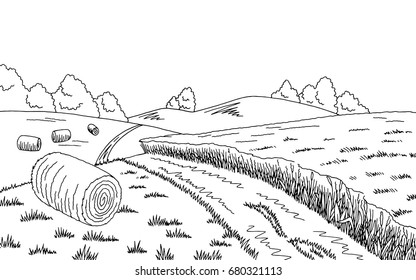 Rural road graphic black white landscape sketch illustration vector