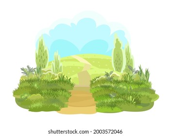 Rural road to Green Glade in horizon. Summer meadow. Trail. Juicy grass close up. Grassland. Country trip. Cartoon style. Flat design. Illustration vector art