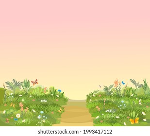 Rural road to Green Glade. Summer meadow. Morning Trail. Juicy grass close up. Grassland. Country trip. Cartoon style. Flat design. Illustration vector art