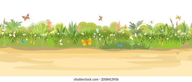 Camino rural hacia el Green Glade. Prado de flores de verano. Camino. El césped jugoso se acerca. Pastizales. Viaje de campo. Aislado. Estilo de caricatura. Diseño plano. Ilustración perfecta del arte vectorial.