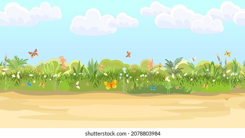 Rural Road To Green Glade. Summer Meadow. Trail. Juicy Grass Close Up. Grassland Country. Cartoon Style. Flat Design. Seamless Illustration Vector Art.