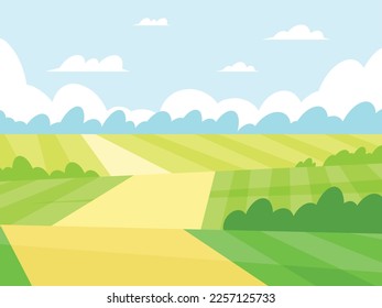 Rural road. Green landscape with green fields. Lovely rural nature. Unlimited space. Vector illustration