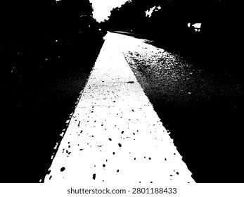 Rural road marking line on asphalt with a low angle perspective view. High contrast black and white stencil grunge vector illustration of a village highway lane for travel background.