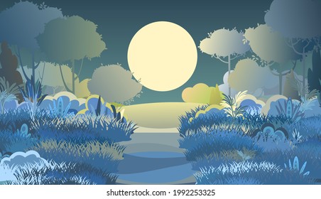 Rural road. Night beautiful landscape. Cartoon style. Moon. Hills of grass and trees. Moonlight. Path to lush meadows. Romantic beauty. Flat design illustration. Vector art