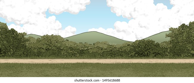 Rural Roadside View with Mountain and Cloudy Sky [Vector]