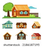 rural russian houses. wooden authentic architectural objects for villages. Vector houses in cartoon style