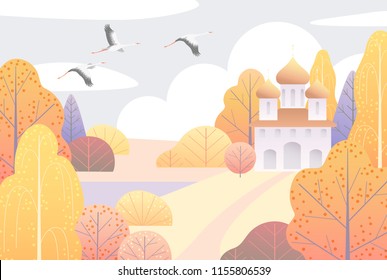 Rural scene with church, clouds, yellow trees and flying storks.  Nature background with colorful autumn landscape. Vector flat style illustration. 