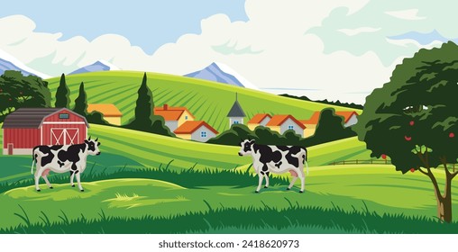 rural scene with cow farm on green grass, vector design of contryside with trees and mountains