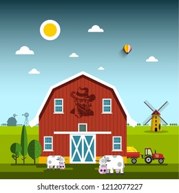 Rural Scene with Cowboy on Barn. Farm with Cows and Windmills Vector Illustration.