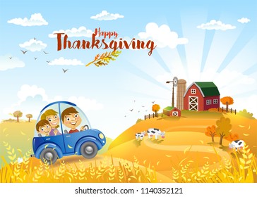 Rural scene with the Family traveling in the car to a lovely farm on a sunny autmn day. The good choice for Thanksgiving background or greeting card.
