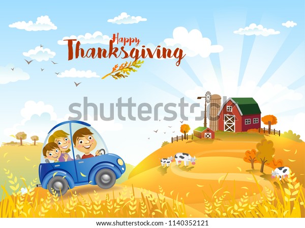 Rural scene with the Family traveling in\
the car to a lovely farm on a sunny autmn day. The good choice for\
Thanksgiving background or greeting\
card.