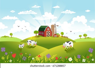 Rural scene with the farm, fields and cows on a pastures. The good choice for Logo, emblem, lable, sticker